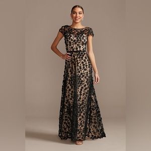 Punched floral applique illusion cap sleeve dress